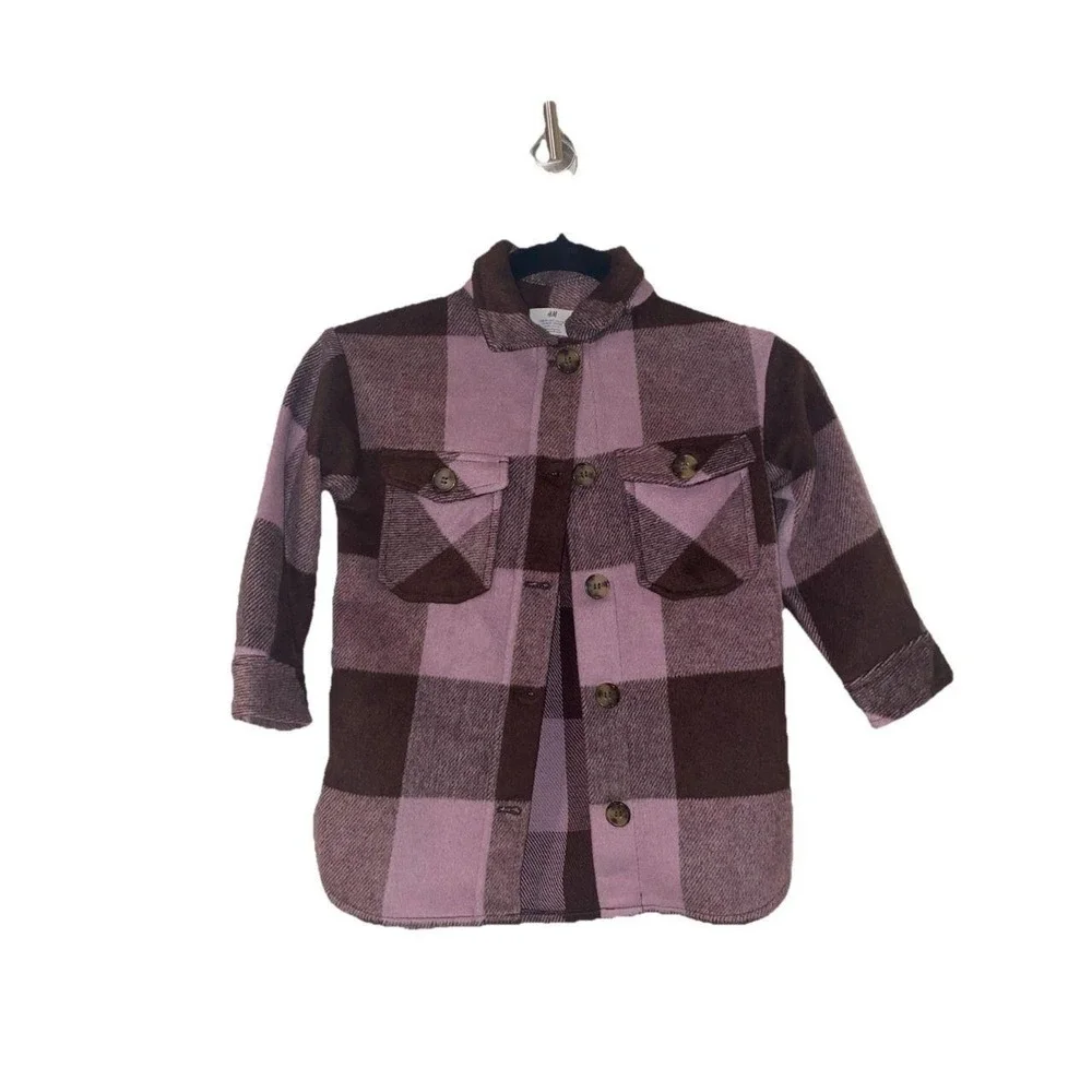 H& M Shacket Girls Plaid Purple Size 4-5 Long Sleeve